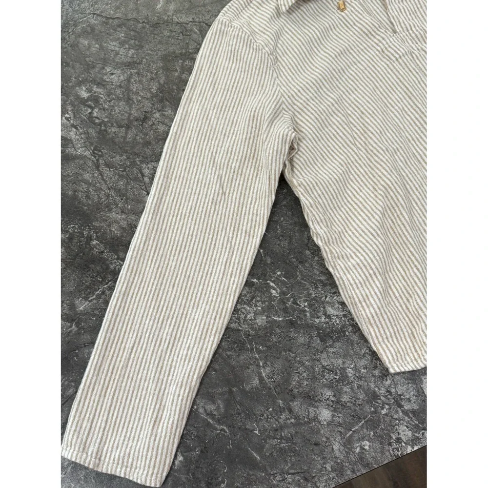 Michael Kors Womens Linen Blend Striped Popover Gold Chain Detail Beige White M
